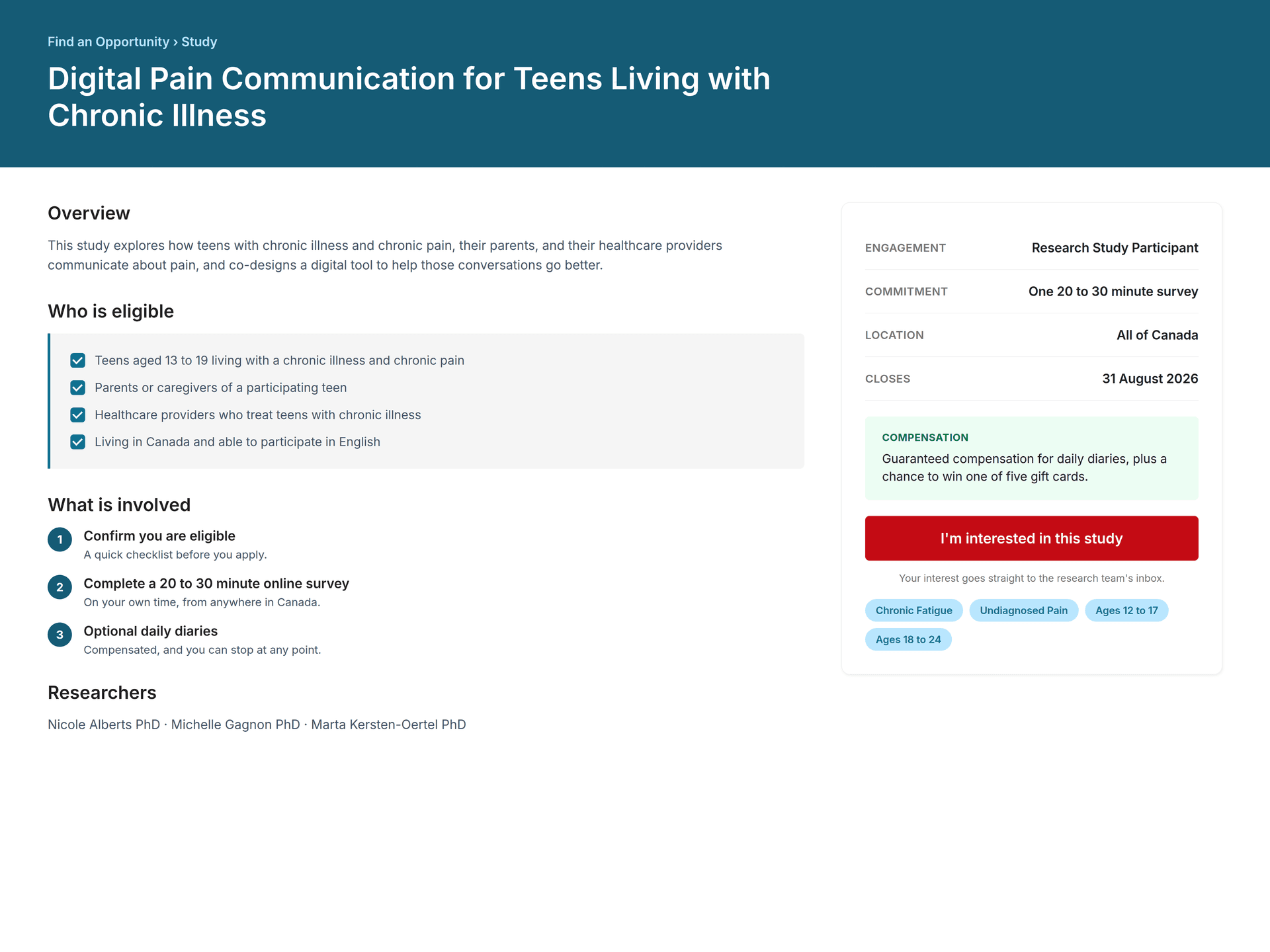 A study listing with eligibility, commitment and compensation