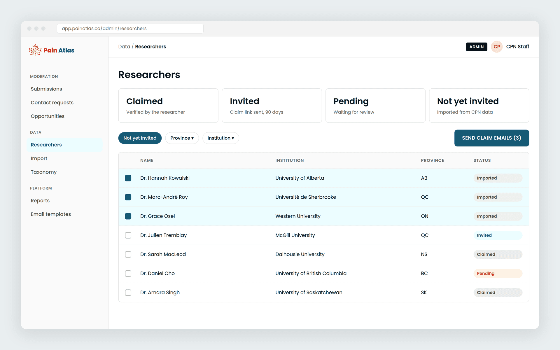 Admin view: managing researchers and sending claim invitations