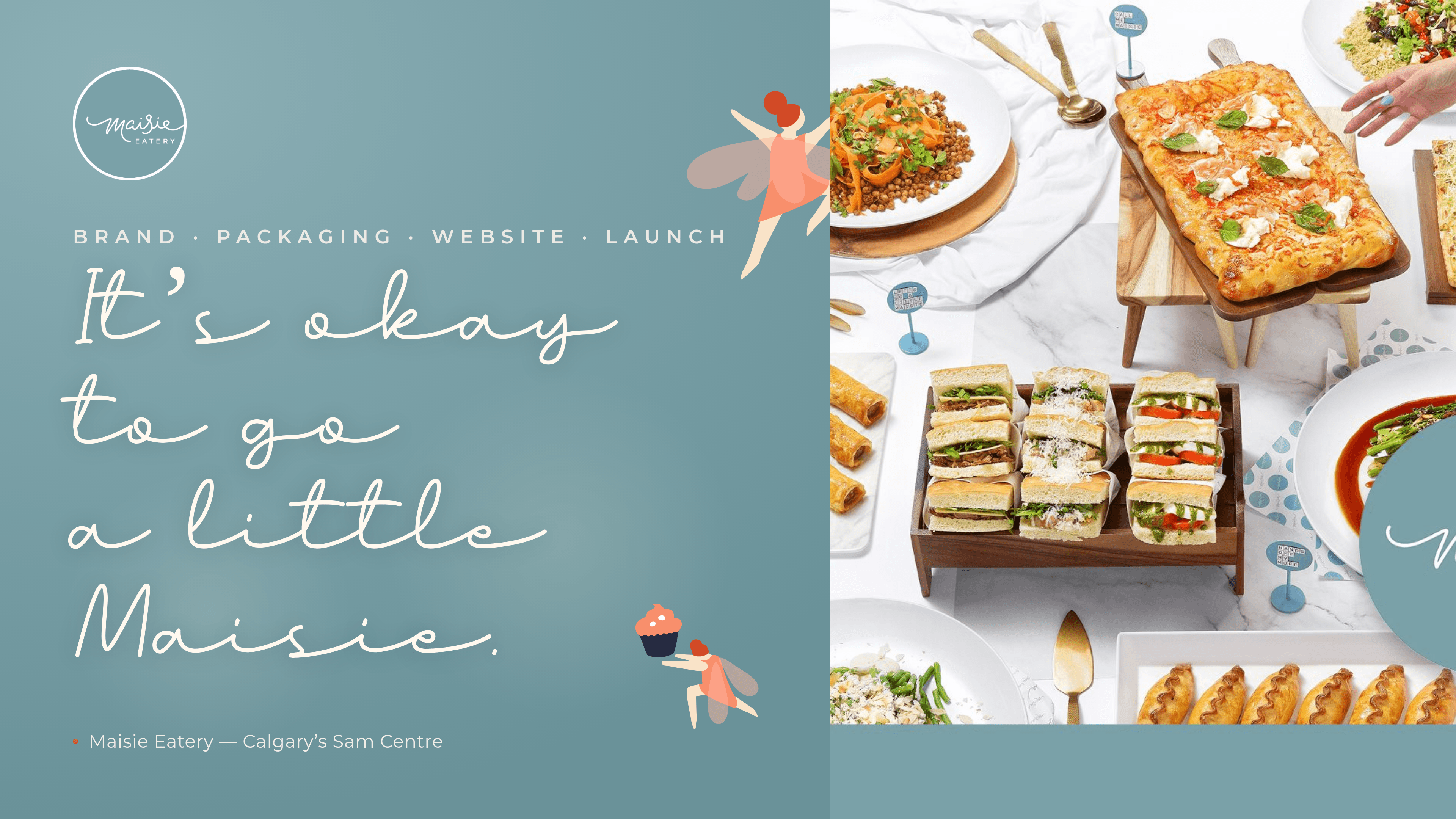 Maisie Eatery hero: the script wordmark and cheeky fairies over a fresh catering spread