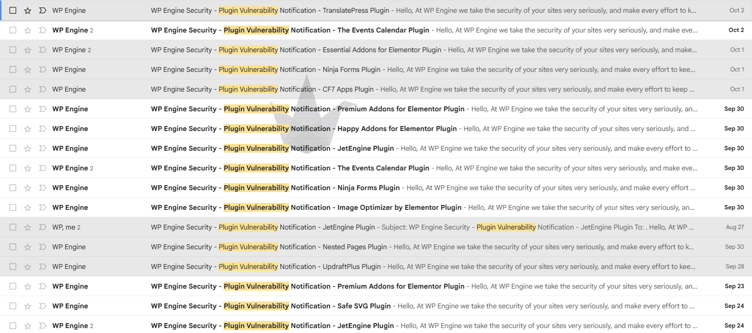 An email inbox showing sixteen WP Engine plugin vulnerability notifications from late September to early October 2026, for plugins including TranslatePress, The Events Calendar, Essential Addons for Elementor, Ninja Forms, JetEngine, UpdraftPlus and Safe SVG.