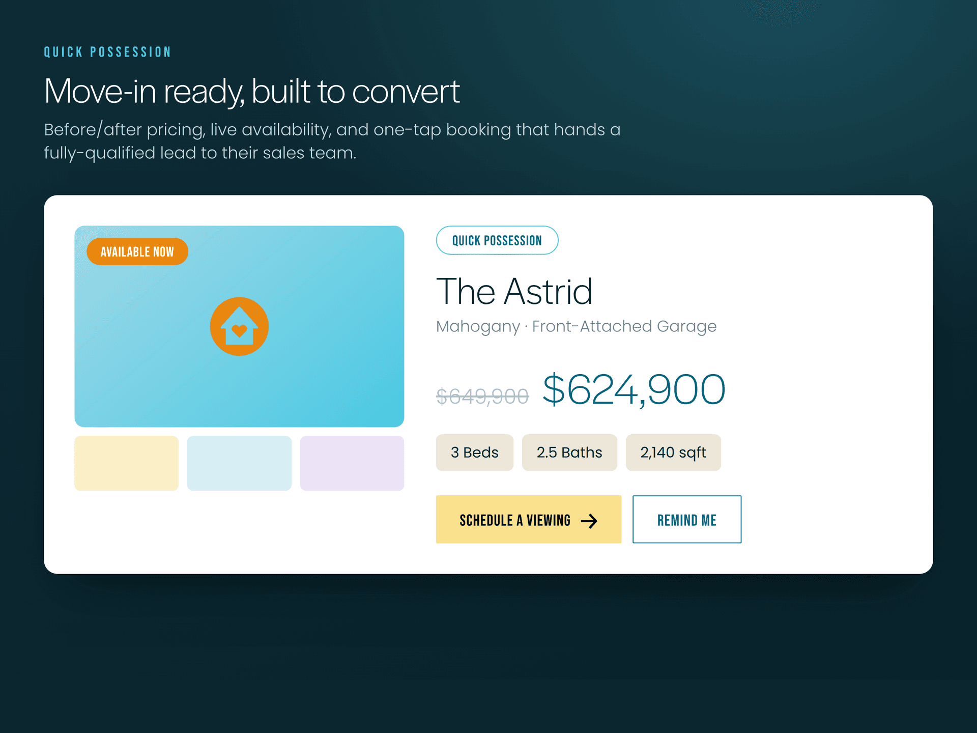 A quick-possession listing with before-and-after pricing and one-tap booking
