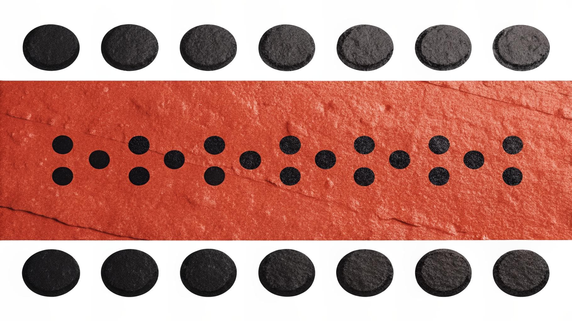 A row of evenly spaced black dots above and below a horizontal terracotta band, which carries a line of six-dot braille cells.