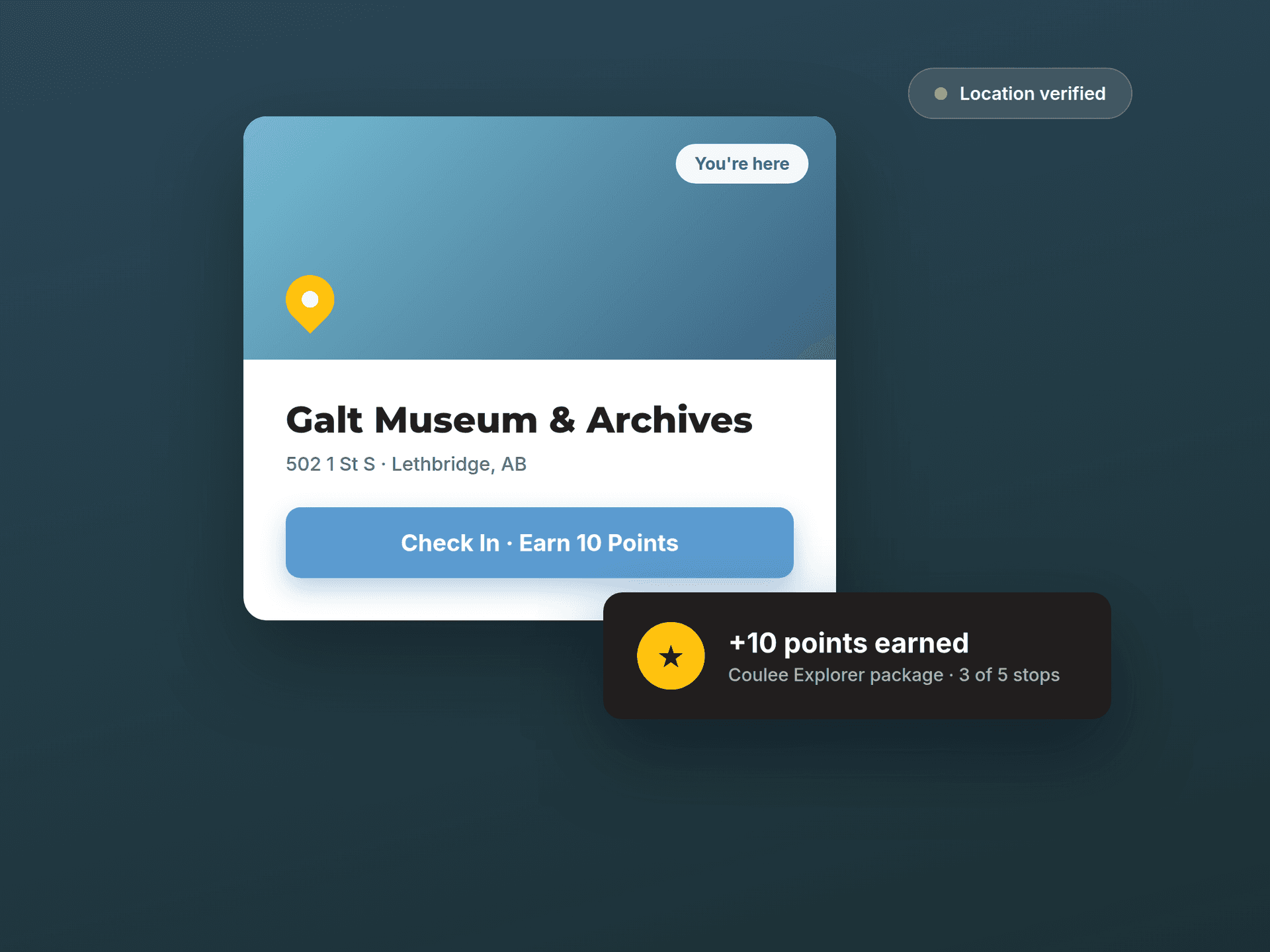A check-in: proximity verified, points earned, package progress updated
