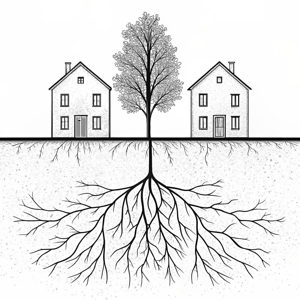 Two identical building shapes above ground sharing one branching root system below