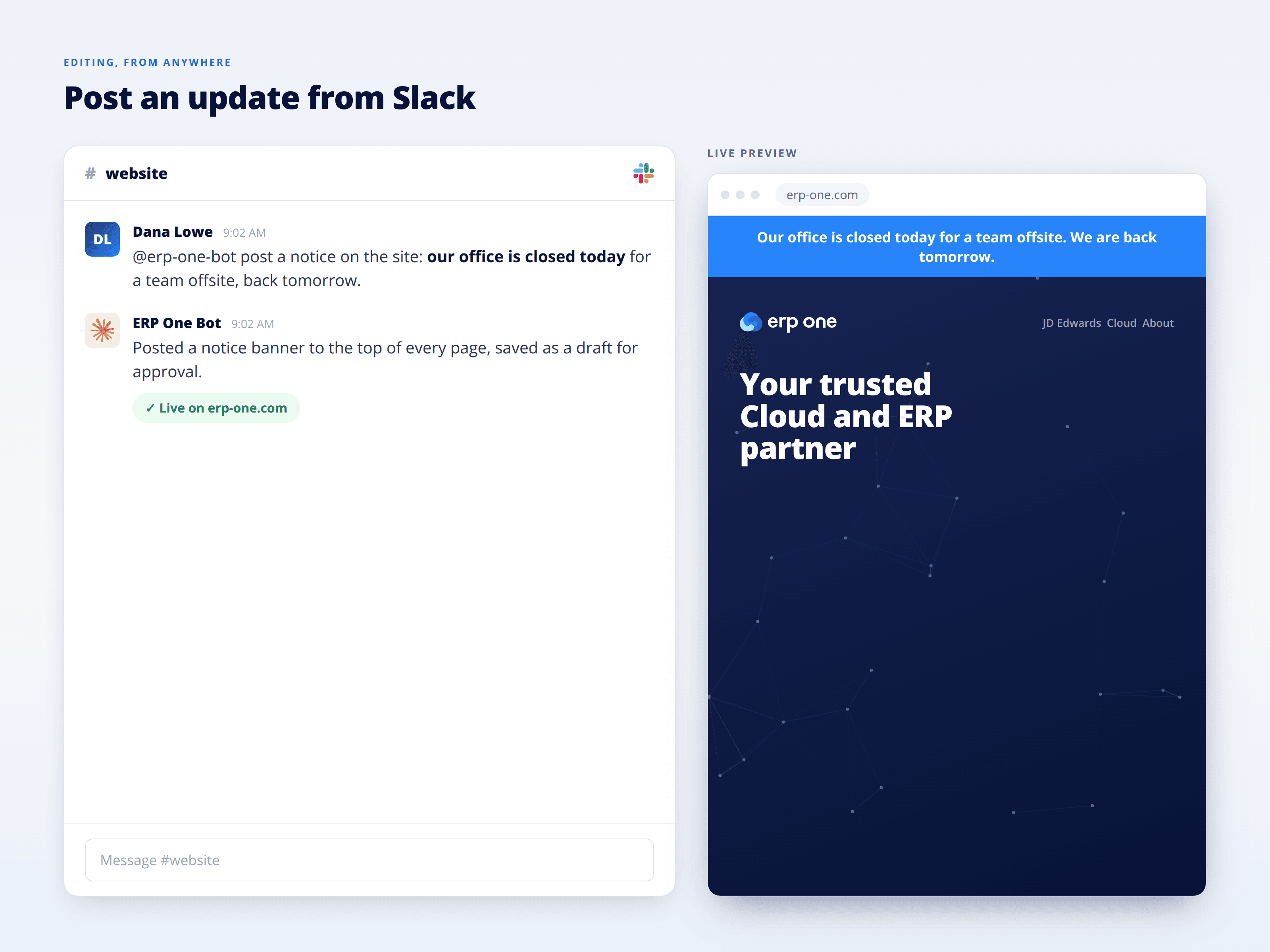 Posting a site notice to ERP-One from a Slack message, with a live preview banner