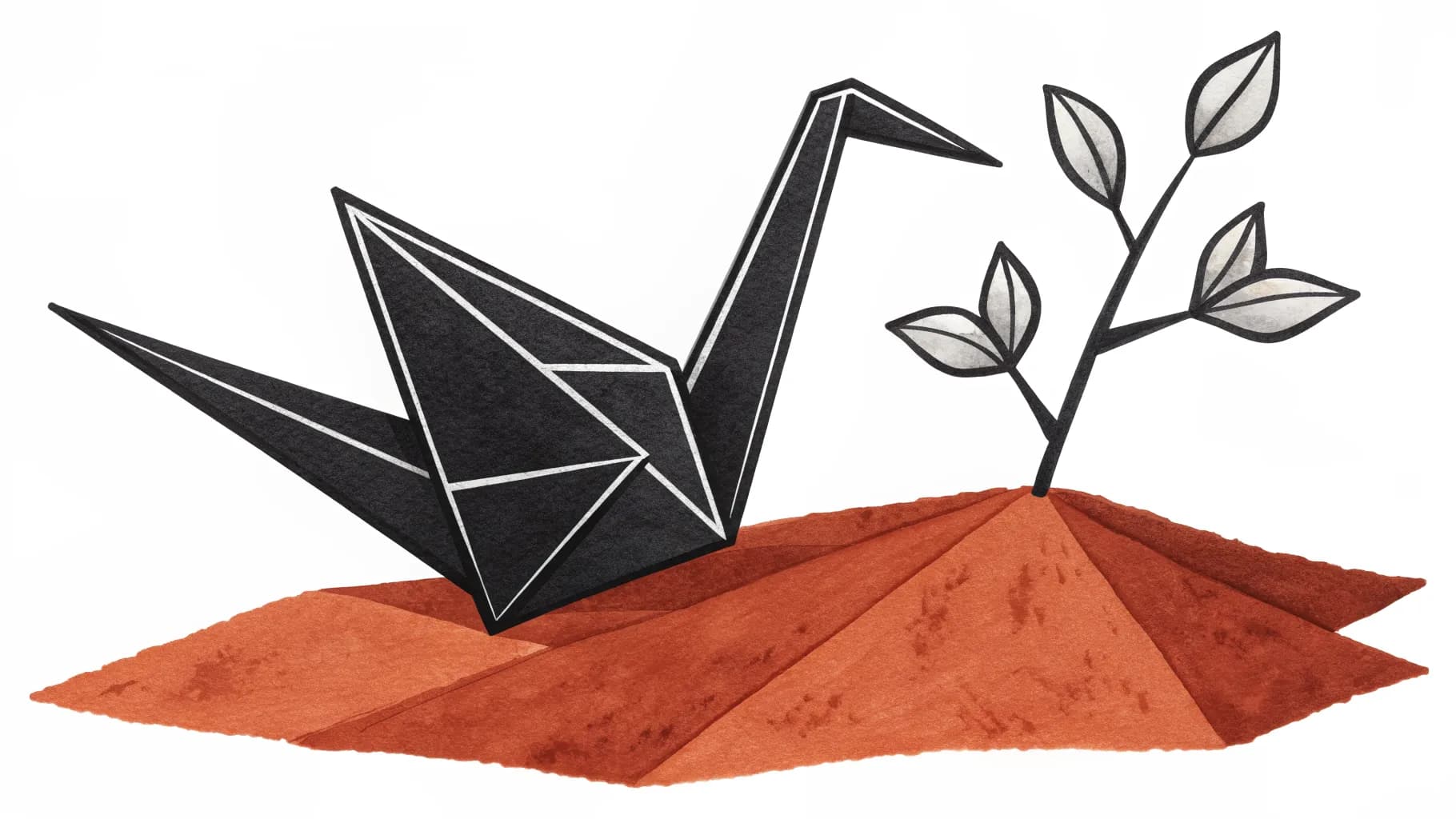Paper Crane origami crane carrying a seedling, on a terracotta mound.