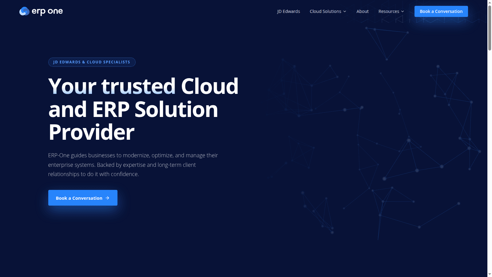 ERP-One home page hero with the animated 3D node field