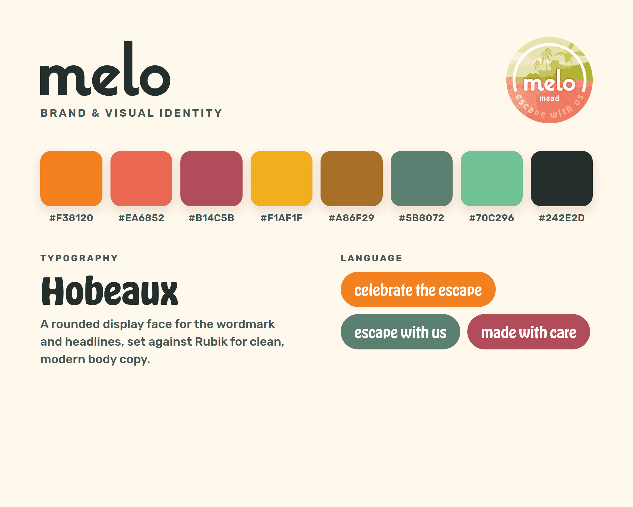 The Melo identity: wordmark, sunset palette, type and brand language