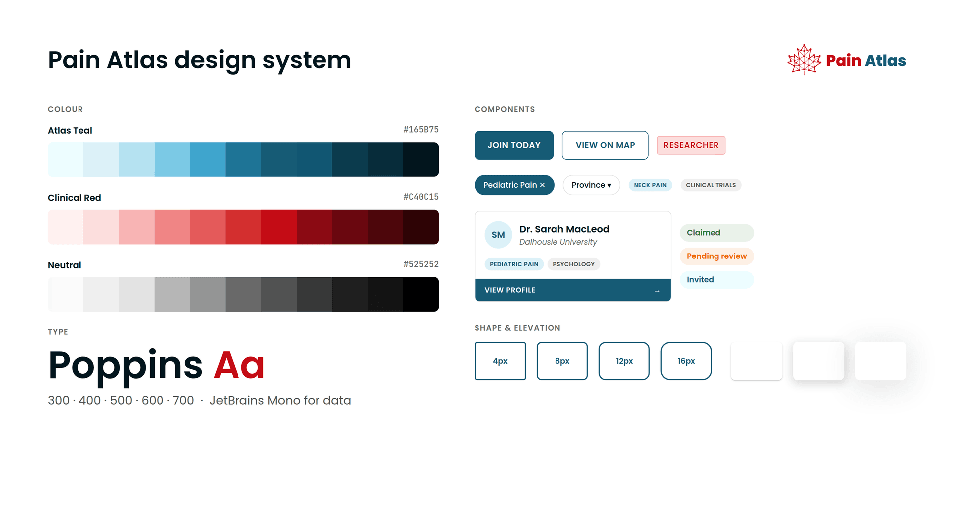 The Pain Atlas design system: teal and red colour ramps, Poppins, and components