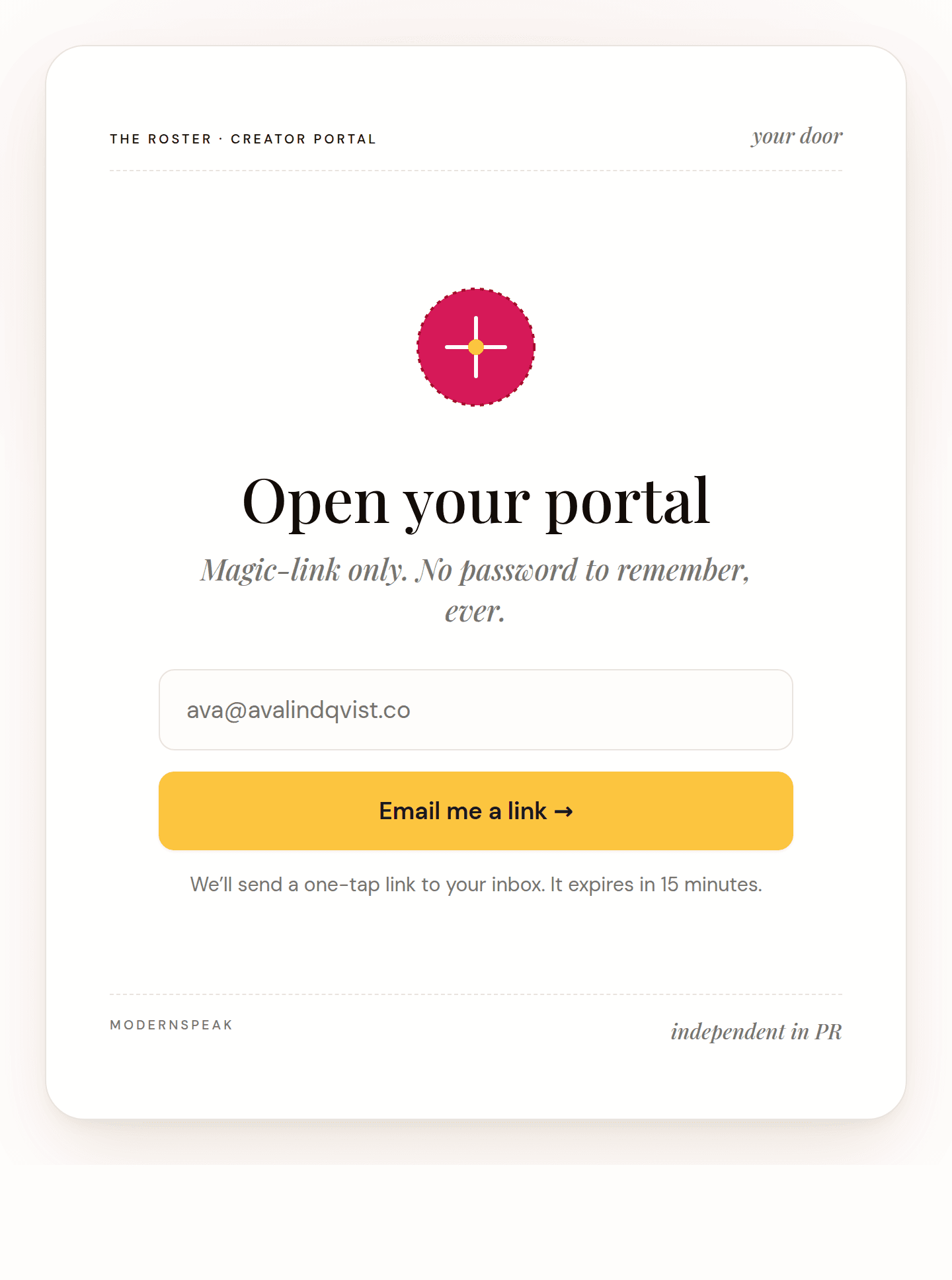 The passwordless creator portal — magic-link sign in